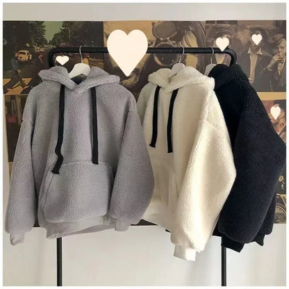 Imitation Lambskin Hoodie Winter Simple Couple Long-Sleeved Hoodie Wear for Both Men and Women Fluffy Thickened Hooded Loose Top
