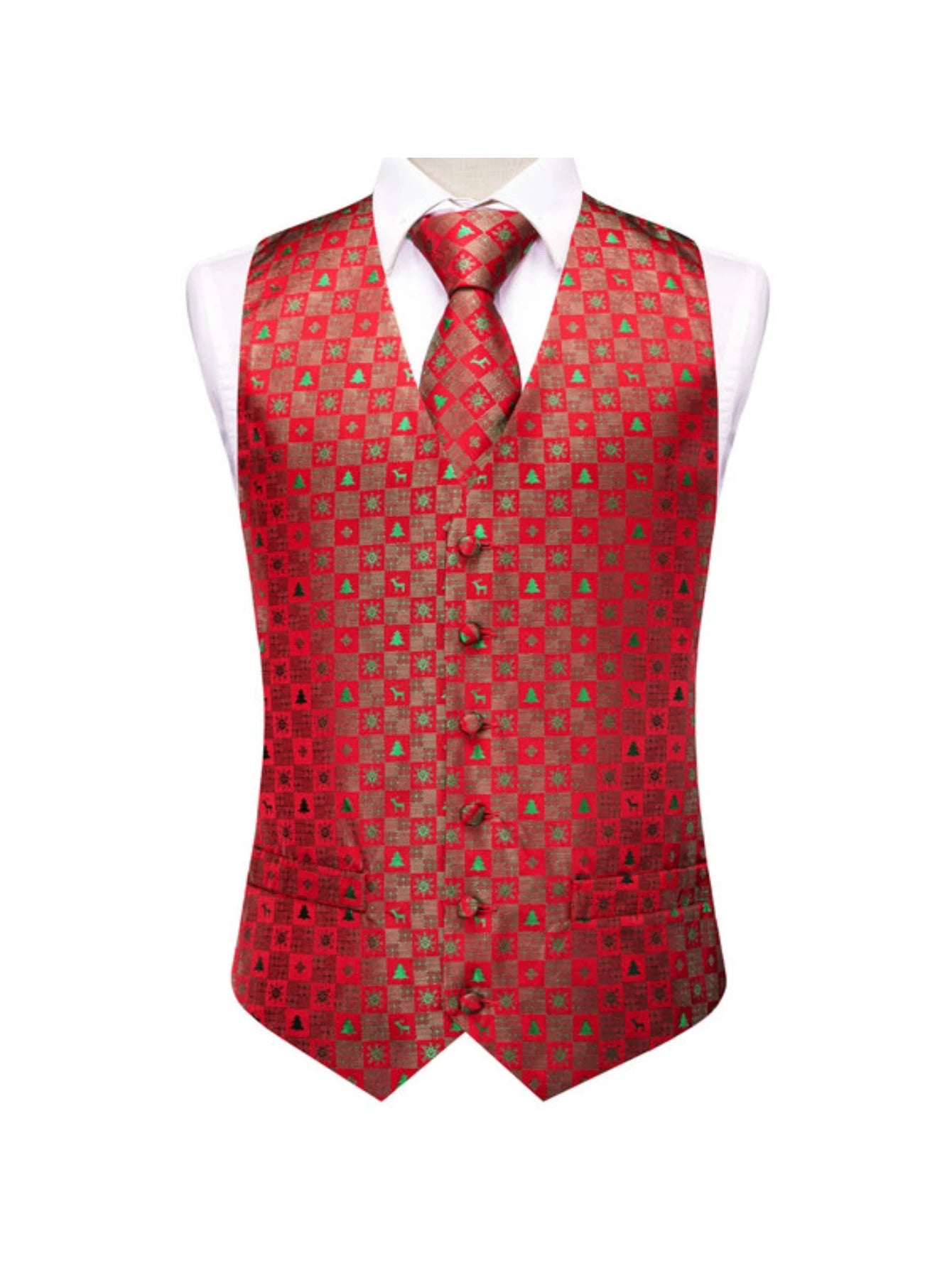Men's Christmas Print Vest 3-Piece Set: Vest, Tie, Pocket Square, Red Blue Green Yellow for Holiday Parties