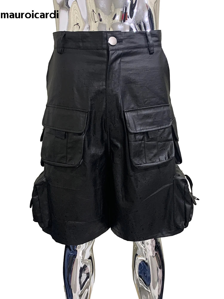 Summer Autumn Waterproof Black Pu Leather Cargo Shorts for Men with Three-dimensional Pockets Cool Luxury Designer Emo Clothes