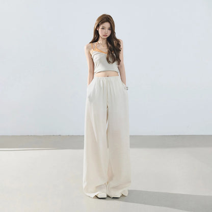 Loose wide-leg pants, classic style, drapey floor-length with drawstring, versatile thin linen straight casual pants for women