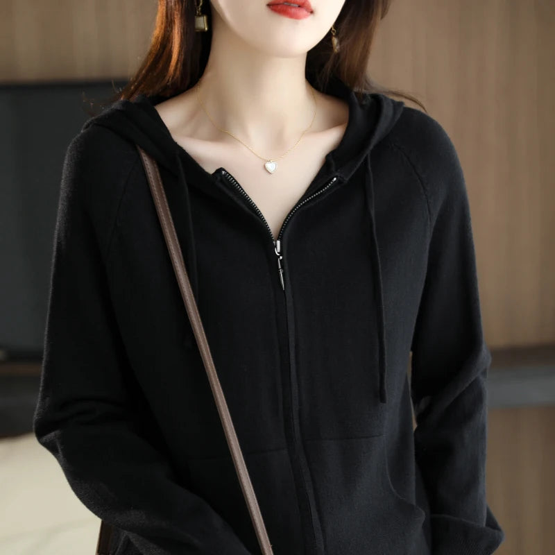 Explosions Women's Hooded Padded Long-Sleeved Sweater Cardigan Sweater Coat Beige Loose Zipper Coat Jacket