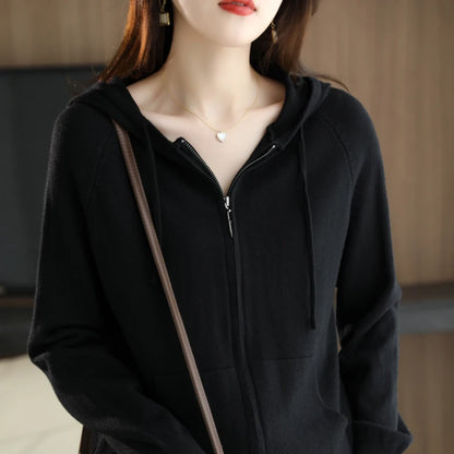 Explosions Women's Hooded Padded Long-Sleeved Sweater Cardigan Sweater Coat Beige Loose Zipper Coat Jacket