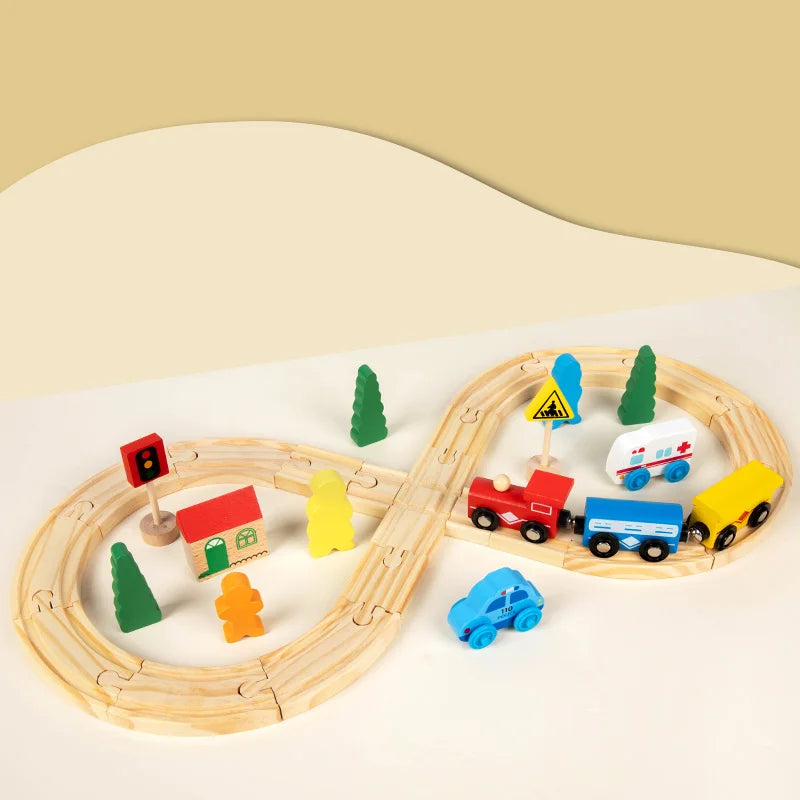 Children's Pine Wood Train Track And Vehicle Toy Set - Educational City Scene Toy With Tracks Cars Traffic Signs And Buildings