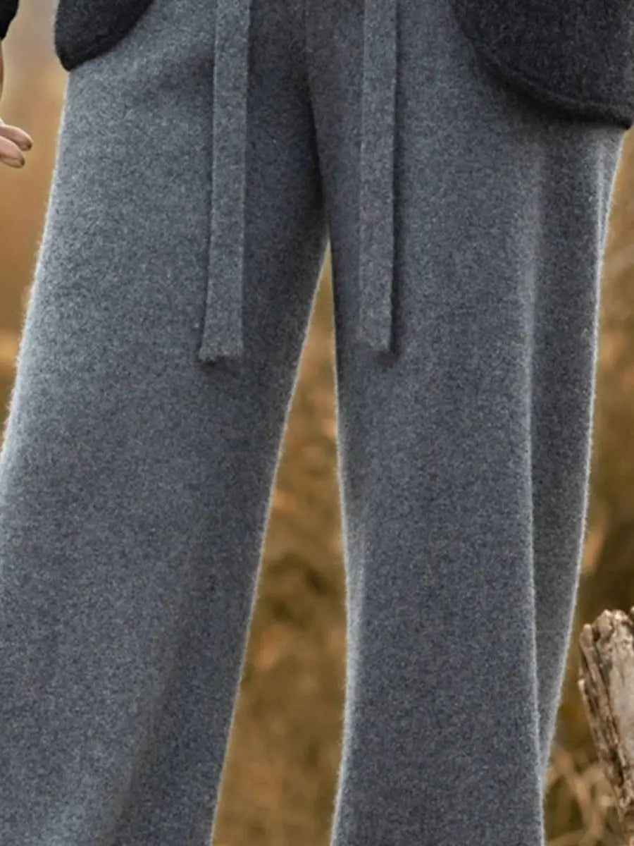 High Waist Wool Knitted Wide Leg Pants Women's Outerwear Autumn Winter Thickened Floor-Length Straight Cut Casual Trousers