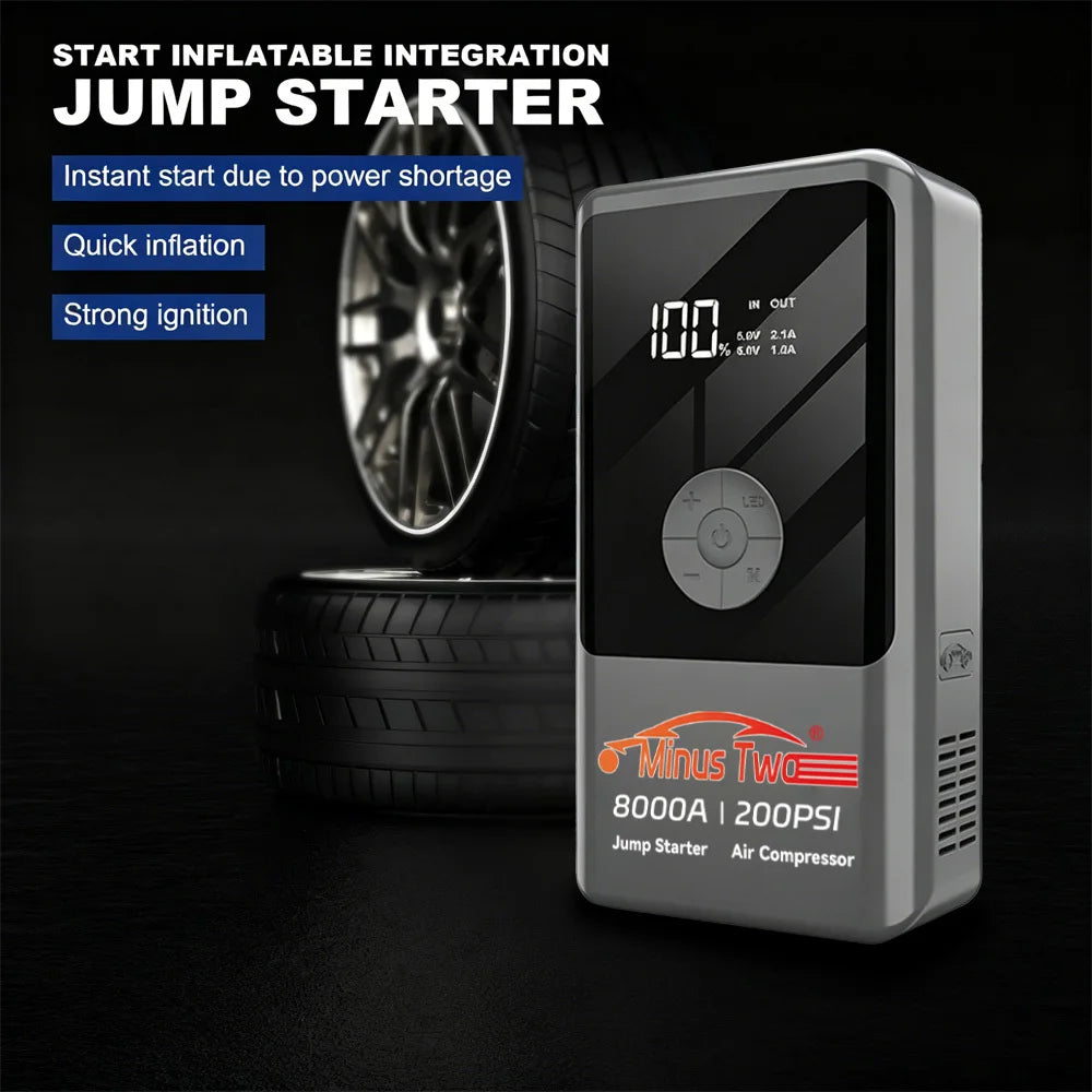 Car Jump Starter with Air Compressor Peak 2000A Auto Battery Booster 150PSI Air Pump Portable Power Bank Tire Inflator Lighting
