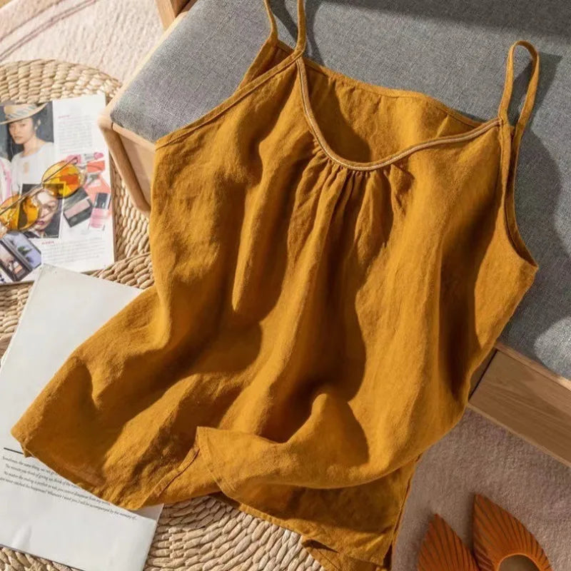 Women's Retro Cotton Linen Tank Top Summer Thin Solid Color Loose Sleeveless Top Female Fashion Casual Basic Vest