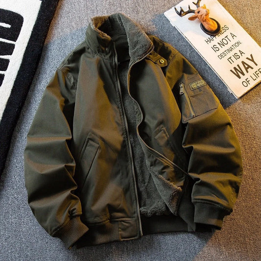 Men's Thickened Fleece Lined Flight Jacket Winter Warm Military Style Workwear Cotton Coat Outerwear Cleanfit Long Sleeve