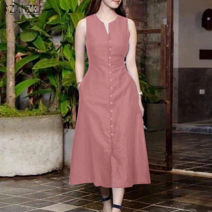 ZANZEA 2025 Summer Sundress Women Stylish Solid Party Holiday Vestidos Elegant V Neck Sleeveless Midi Dress Robe Femme Kaftan