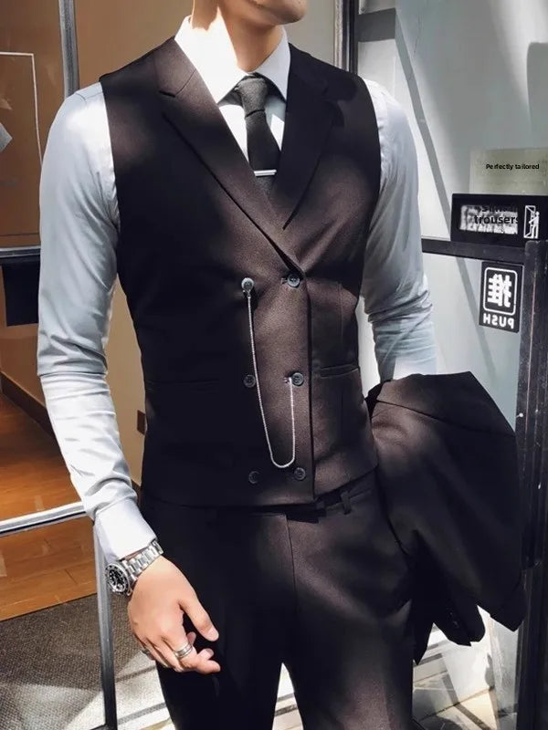 British Style Men's Business Double Row Button Suit Vest Casual Slimming Wedding Best Man Clothes Fashionable Plain Color