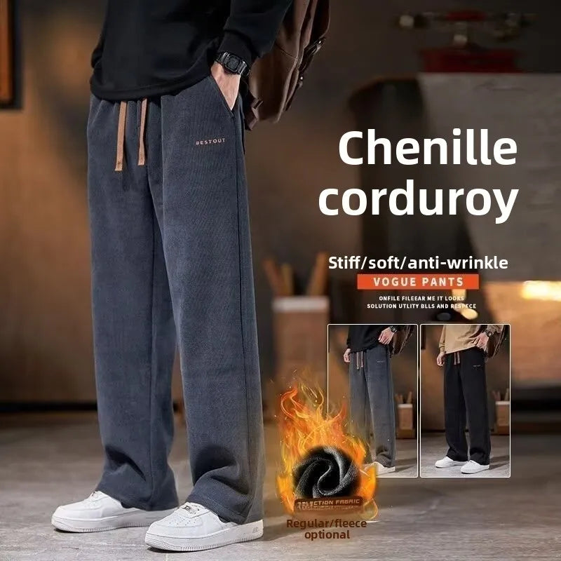 Men's Casual Thickened Fleece Lined Corduroy Straight Leg Loose Fit Autumn Winter Fashionable Brand Pants Leisure Trousers