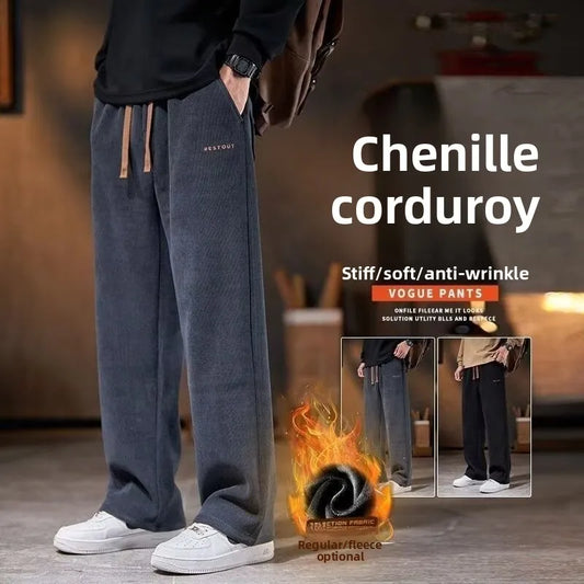 Men's Casual Thickened Fleece Lined Corduroy Straight Leg Loose Fit Autumn Winter Fashionable Brand Pants Leisure Trousers
