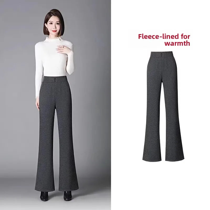 Women's Woolen Flared Pants High Waist Elastic Polyester Fiber Warm Casual Trousers for Autumn Winter 2025 New Style