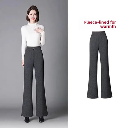 Women's Woolen Flared Pants High Waist Elastic Polyester Fiber Warm Casual Trousers for Autumn Winter 2025 New Style