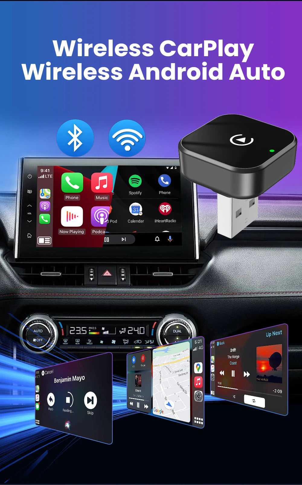 2026 2in 1 Wireless CarPlay Dongle Wireless Android Auto Adapter AI Smart Box 5Ghz WiFi Type-C/USB Plug and Play Car accessories