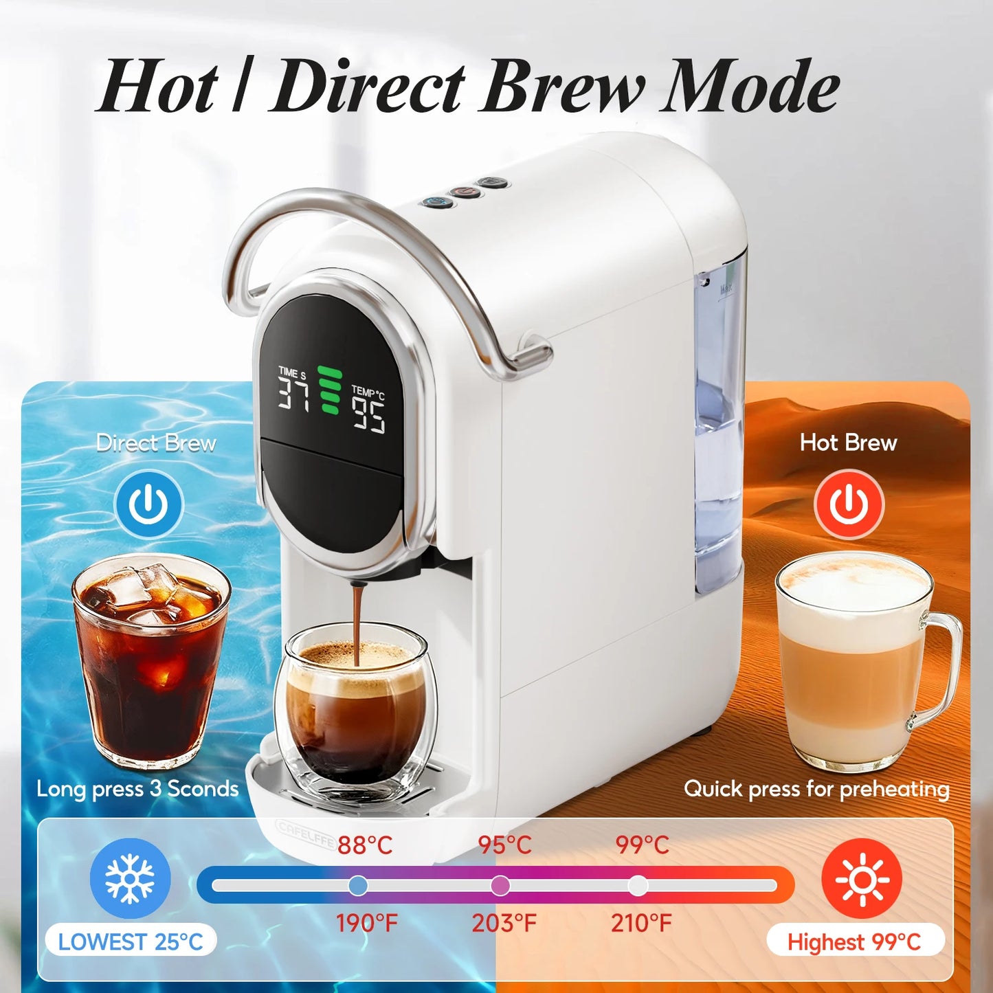 Cafelffe 6 in 1 Capsule Coffee Maker with Tea Leaves, Capsule, ESE 44mm Pods Coffee Powder Hot/Cold DG Cappuccino Nespresso