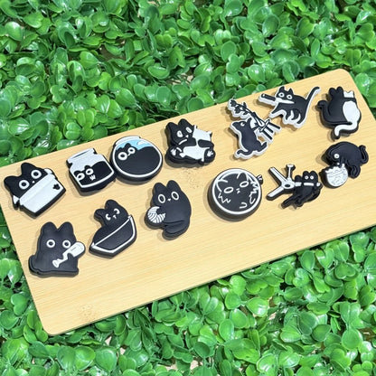 New 1-13pcs Cute Animal Black Cat PVC Garden Shoe Charms Sandal Buckle Boys Girls Cartoon Hole Slipper Accessories DIY Backpack