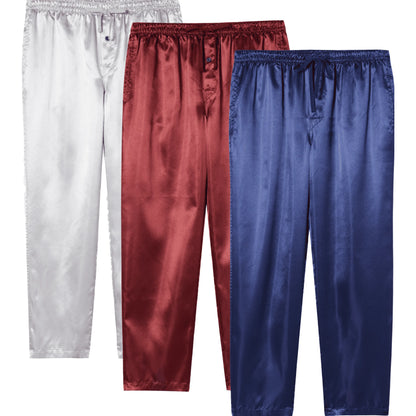 3pcs Men's Pajama Pants Autumn Satin Comfy with Elastic Waistband and Pockets Solid Color Casual Sleepwear
