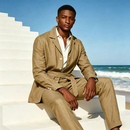 Men's Linen Belted Suit 2 Piece Set Casual Breathable Blazer & Pants Summer Lightweight Business Casual Outfit for Wedding Beach