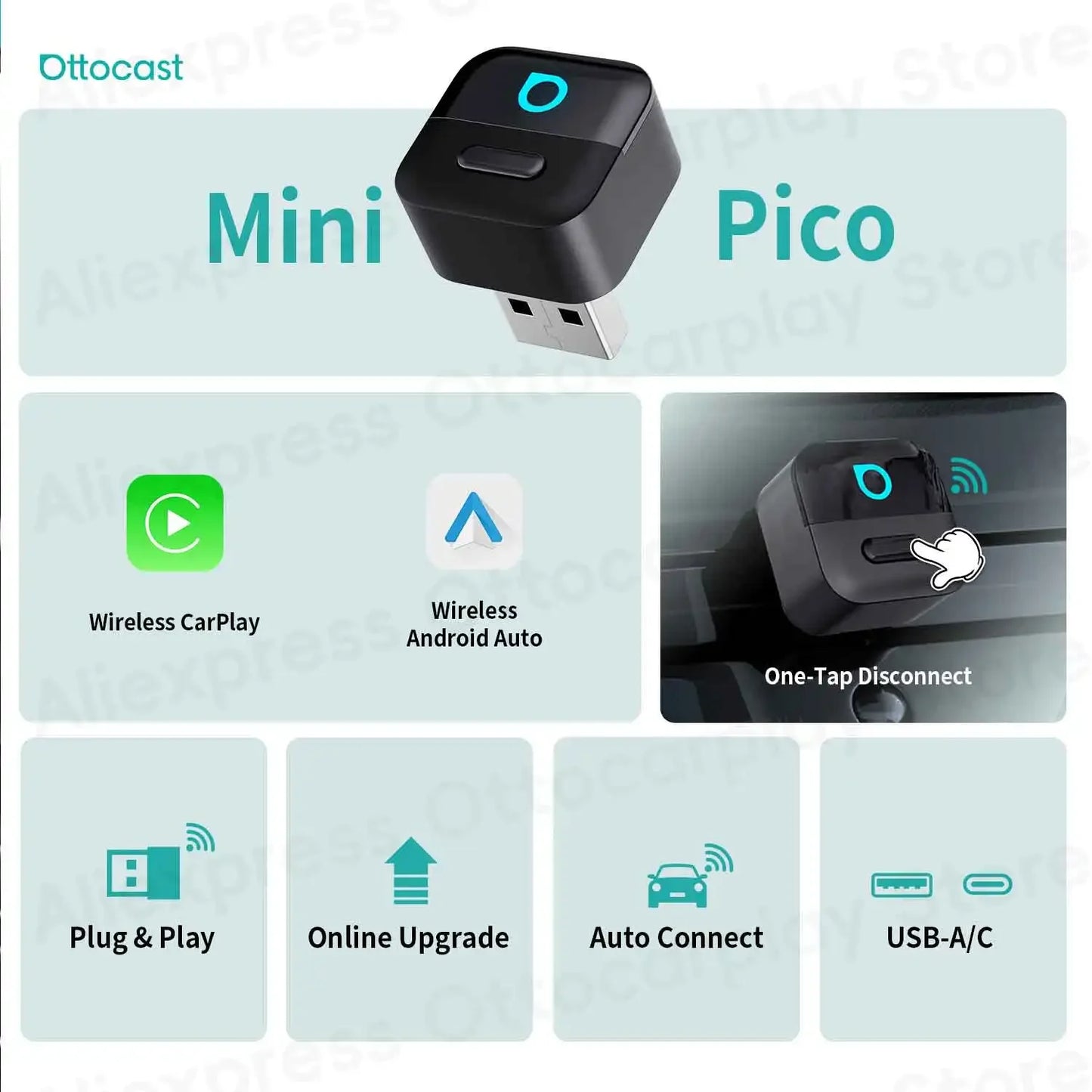 Ottocast Mini Pico Wireless CarPlay Android Auto Adapter Cube Dongle Bluetooth Car Accessories for VW MG Kia Toyota Hyundai Audi