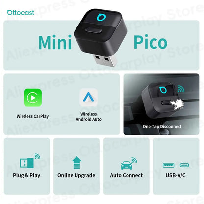 Ottocast Mini Pico Wireless CarPlay Android Auto Adapter Cube Dongle Bluetooth Car Accessories for VW MG Kia Toyota Hyundai Audi
