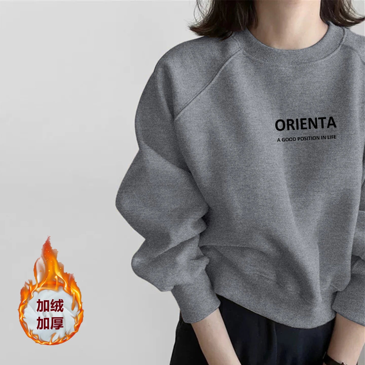 Loose Shoulder Sleeve Hoodie Women's Grey Fleece Lined Short Style Spring Autumn Winter New Arrival Comfortable Korean Style