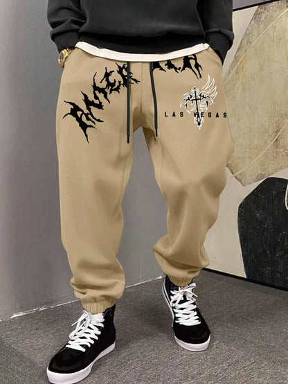 Men's Gothic Jagged Metal Font Wing Cross Las Vegas Print Sweatpants Elastic Waist Soft Dark Punk Street Hip Hop Joggers