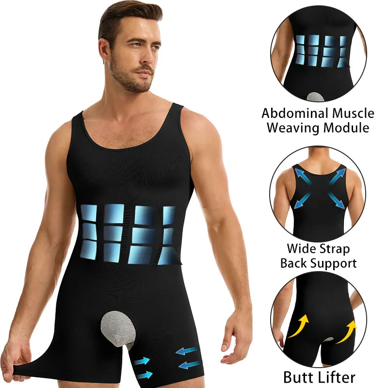 Miss Moly Men Compression Bodysuit Wide Strap Anti-Chafing Full Body Shaper Muscle Knitting Shapewear Open Crotch Underwear