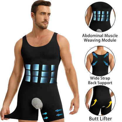Miss Moly Men Compression Bodysuit Wide Strap Anti-Chafing Full Body Shaper Muscle Knitting Shapewear Open Crotch Underwear