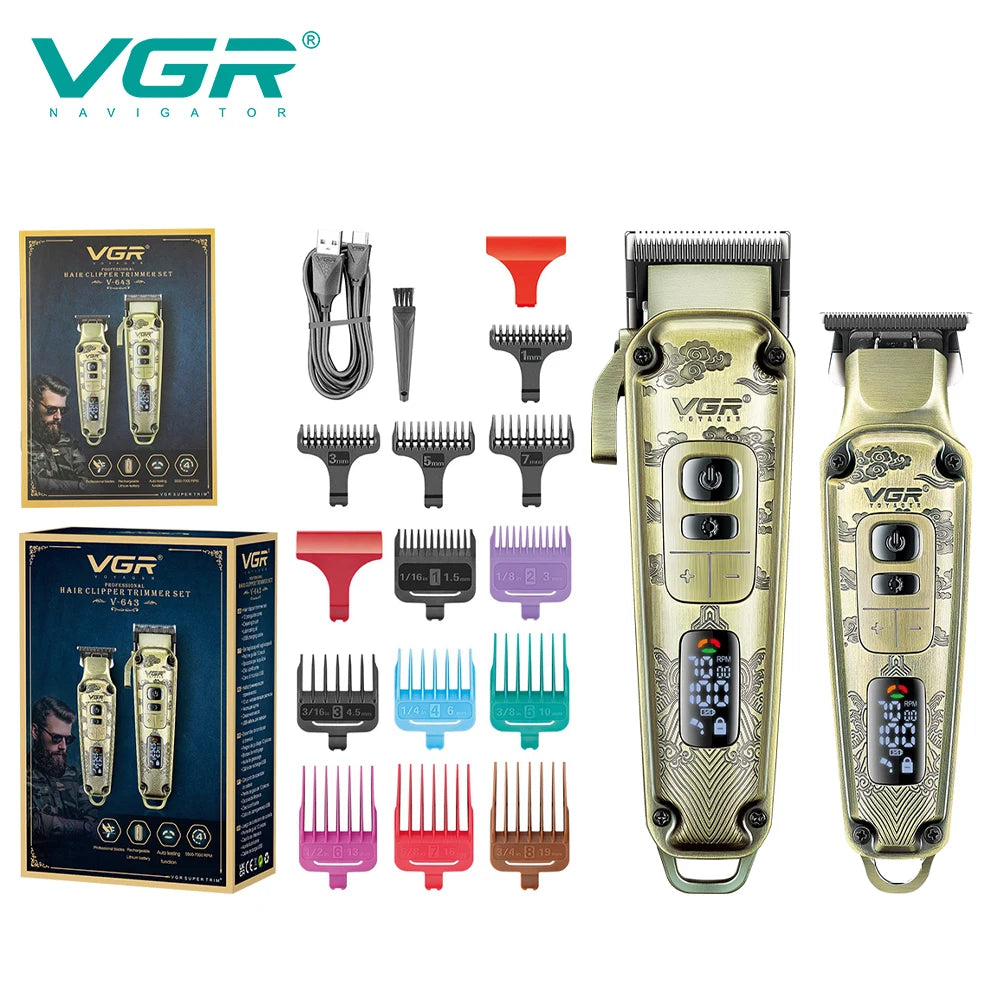 VGR professional high-end hair trimmer set, retro metal electric push shear, home LED intelligent digital hair clipper, shaver
