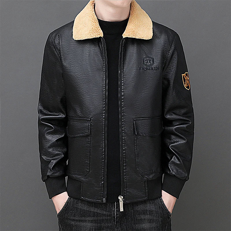 Solid Zipper Design Leather Jacket Plus Size Bomber Coat Men's Leather Jacket Winter Fashion Warmth Thickened Leather Jacket