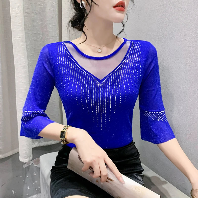 2026 Spring Summer Mesh Tops Korean Fashion Diamond T Shirt Slim 3/4 Sleeve Hollow Out Casual Women Shirt