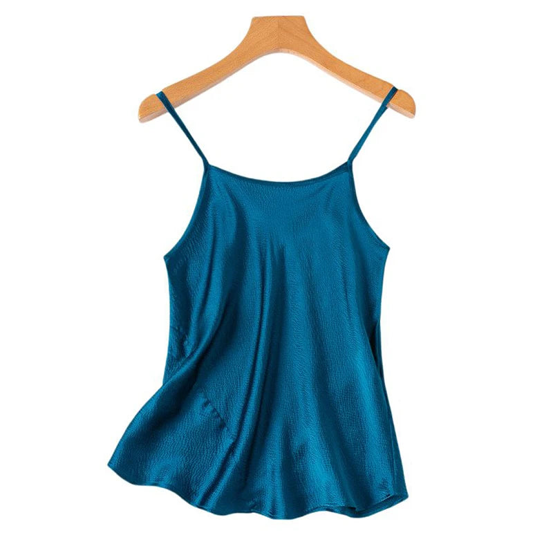 Women Camisole 100% Mulberry Silk Solid Colors Pearl Silk Fashion Spaghetti Straps Top Shirt Summer Beach M1548