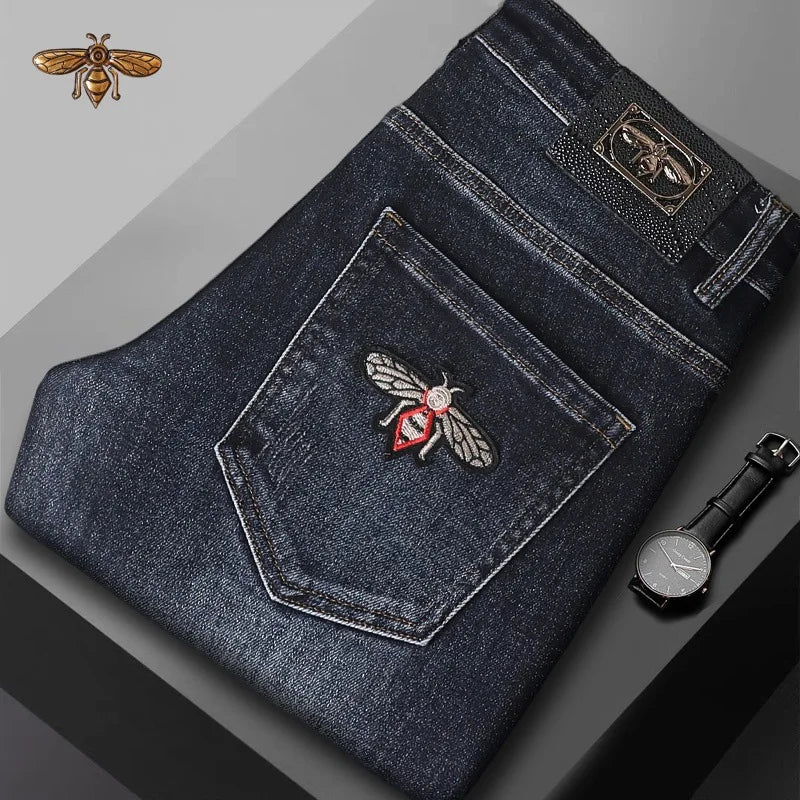 Autumn and Winter Thick Jeans for Men 2024 New Embroidered Fashion Elastic Slim Fit High-End Men's Clothing Denim Trousers