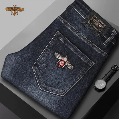 Autumn and Winter Thick Jeans for Men 2024 New Embroidered Fashion Elastic Slim Fit High-End Men's Clothing Denim Trousers