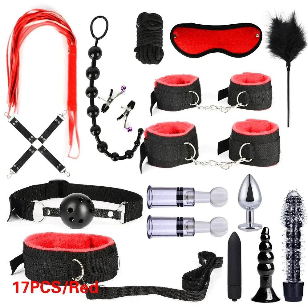 Sex Products Erotic Toys for Adults BDSM Sex Bondage Set Handcuffs Nipple Clamps Gag Whip Rope Sex Toys For Couples