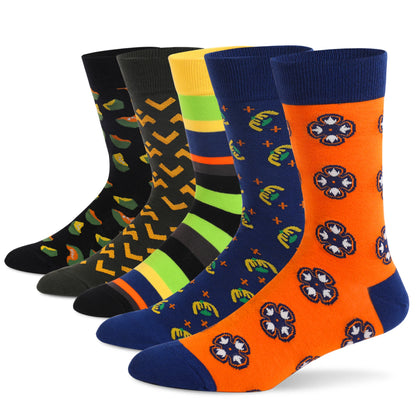5Pairs Mens Fun Dress Socks, Pattern Funny Socks Pack, Colorful Striped Combed Cotton Novelty Socks，Cool Breathable Casual Socks