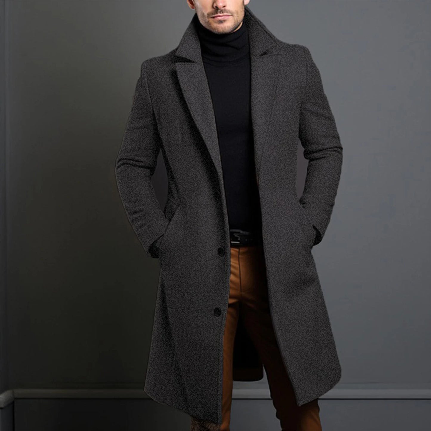 Men Elegant Long Trench Overcoat Single-breasted Windproof Trench Coat for Jeans Sweater Boots Matching
