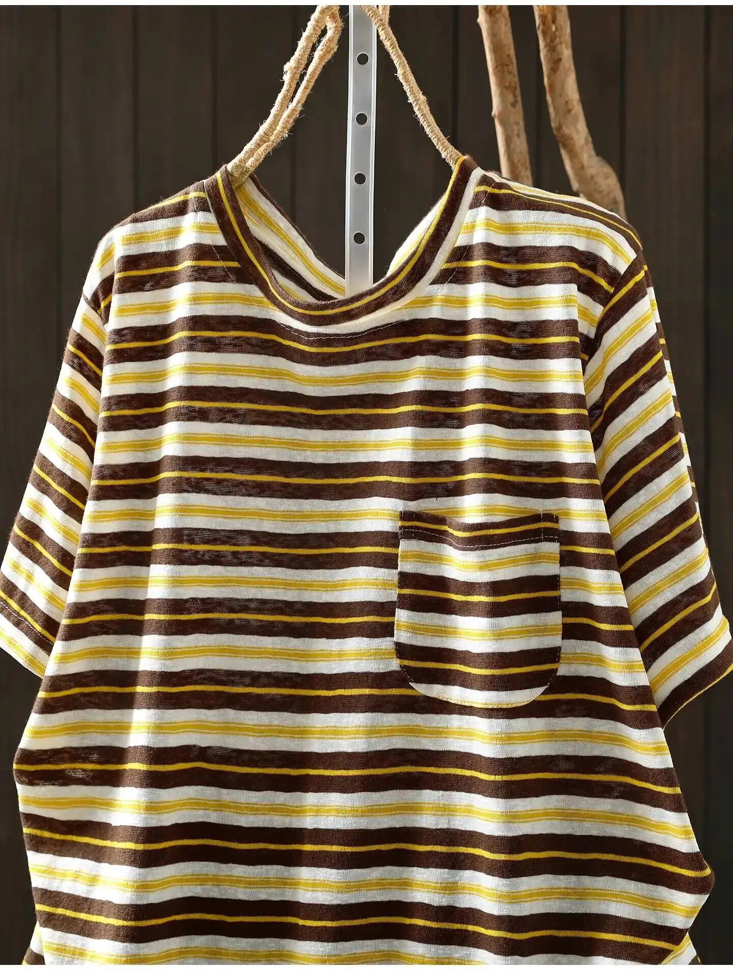 Women Summer Short-sleeve T-shirt 2026 Summer New Stylish Striped Single-pocket Loose T-shirt ZXY154
