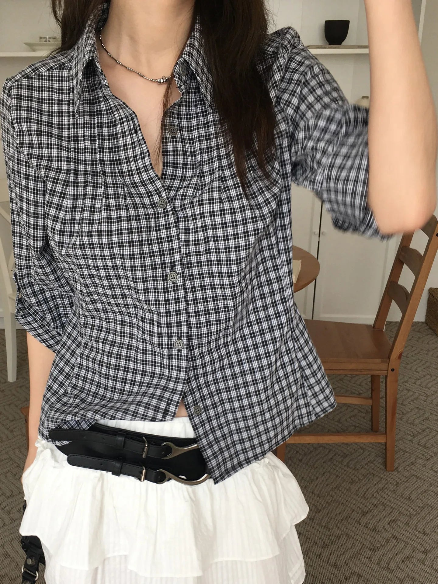 Slimming Plaid Shirt Women's New Chic Spring Vintage Turn-down Collar Waist-cinching Long Sleeve  Collar Top Korean Style