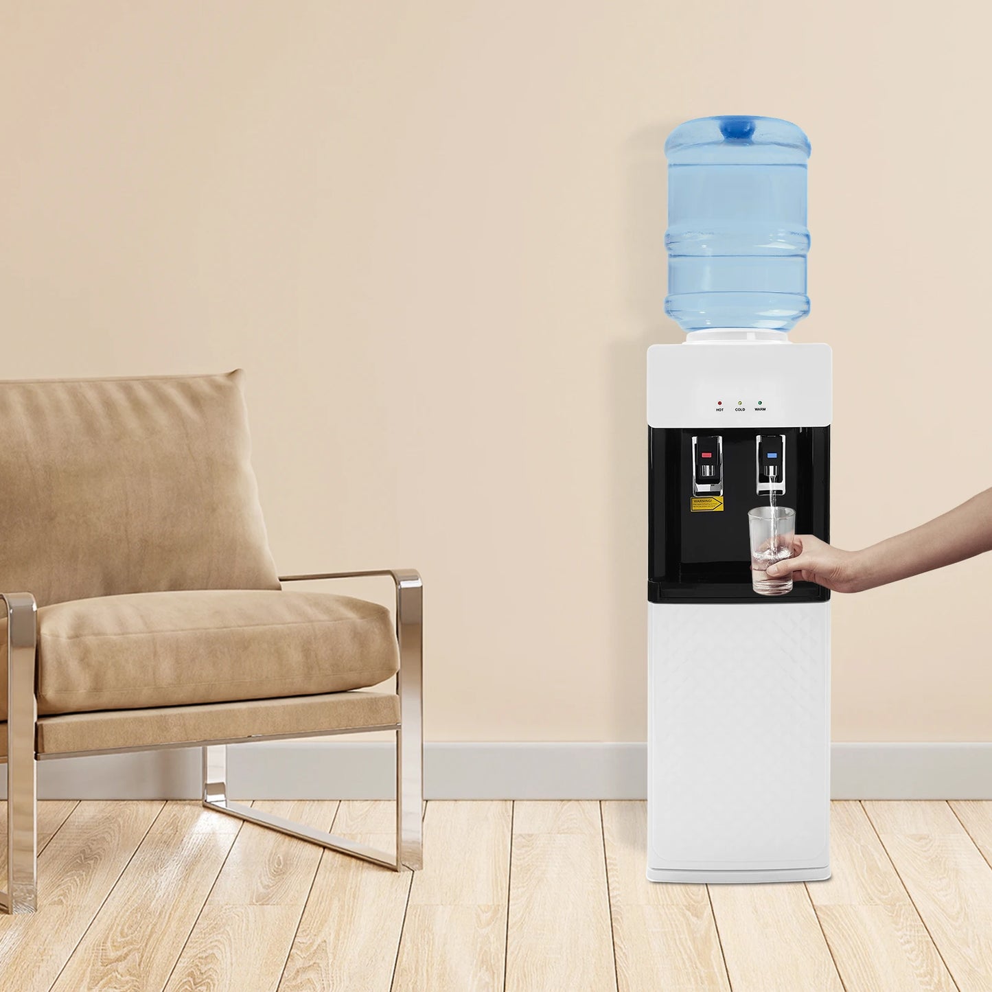 Top Loading Hot Cold Water Dispenser Floor Standing Freestanding White Modern Rectangular PP Stainless Steel Body US Plug 110V 60Hz High Efficiency Heating Cooling 19L Large Bottle Supported Stable Water Temperature Easy To U