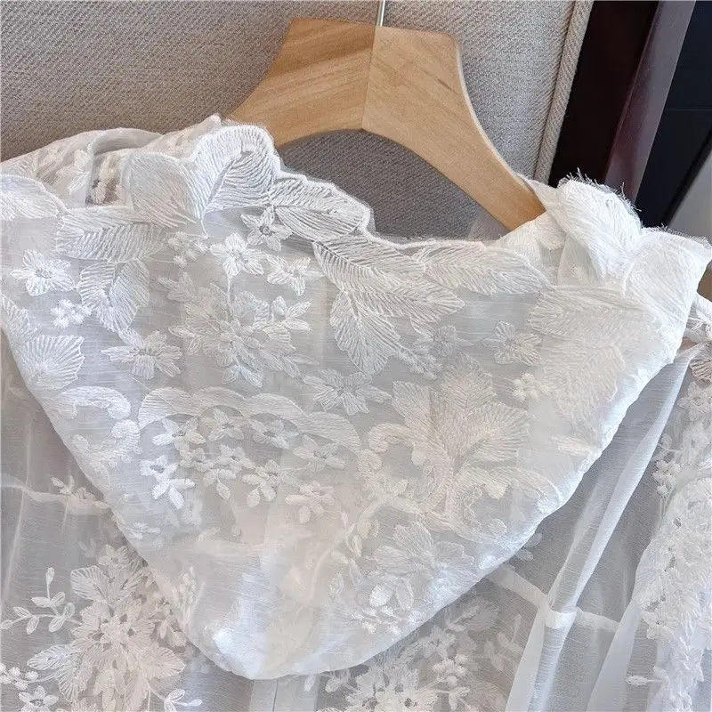 Elegant Thin Lace Hat Shirt Women's Loose Fit Summer 2025 plus Size Slimming Korean Style Long Sleeve Button up