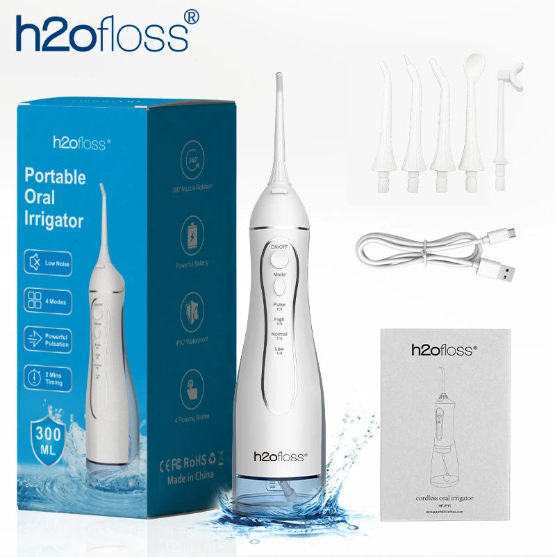 H2ofloss Water Flosser For Teeth Portable Oral Irrigator Dental Water Jet High Pressure Cleaning Mouth Machine 300ML 4 Modes