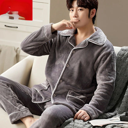Pajama Sets Flannel Pajamas Men's Winter Thickening Warm Suit Long-sleeved Loose Home Clothes Autumn Cardigan