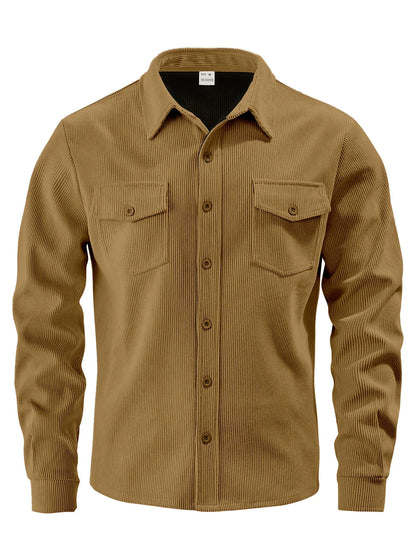 Men's Corduroy Button Down Shirt Casual Long Sleeve Work Shacket with Chest Pockets Fall Winter Fleece Lined Top