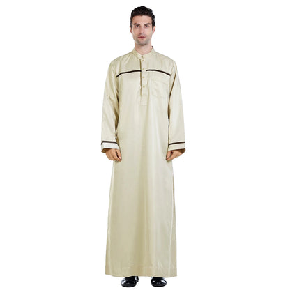 TH818 Men's Muslim Middle Eastern Men Long Sleeves Stand Collar Color-matching Button Robe Ramadan Eid Jubba Thobe