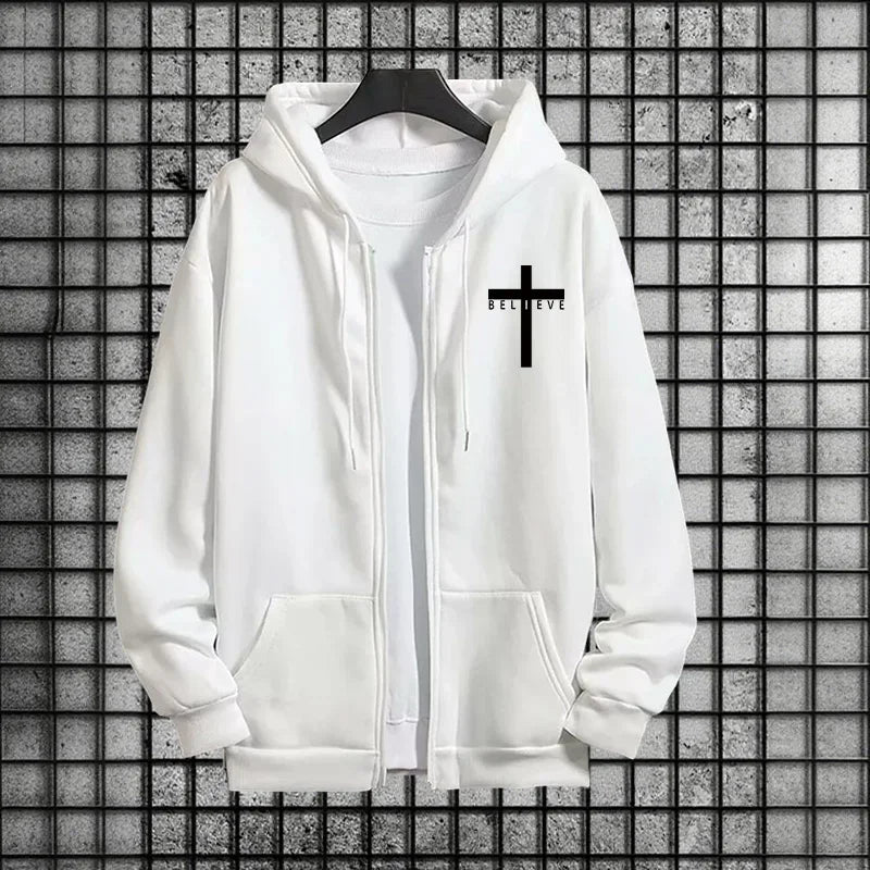 Cross of Christ Mens Hip Hop Tracksuit Set 2026 New 2 Piece Outfit Zipper Hoodie Joggers Urban Streetwear Autumn Winter Fashion