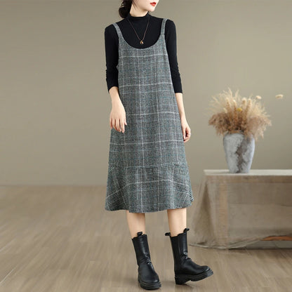 Autumn Winter Plaid Wool Skirt Vest Dress Slimming plus Size Mid-Length Thin Base Layer Outerwear Casual round Neck Dress
