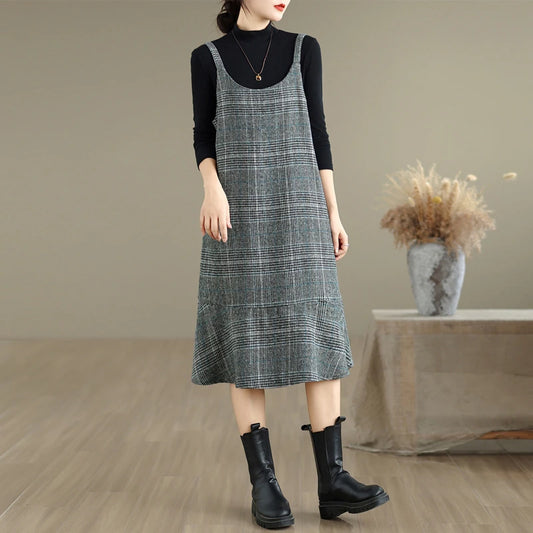 Autumn Winter Plaid Wool Skirt Vest Dress Slimming plus Size Mid-Length Thin Base Layer Outerwear Casual round Neck Dress