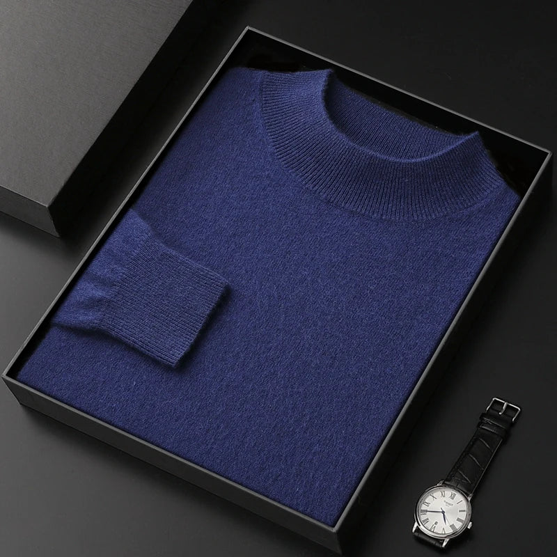100% Pure Cashmere Sweater Men's Half High Collar Solid Color Pullover Fashion New Knit Undercoat  Autumn and Winter Long Sleeve