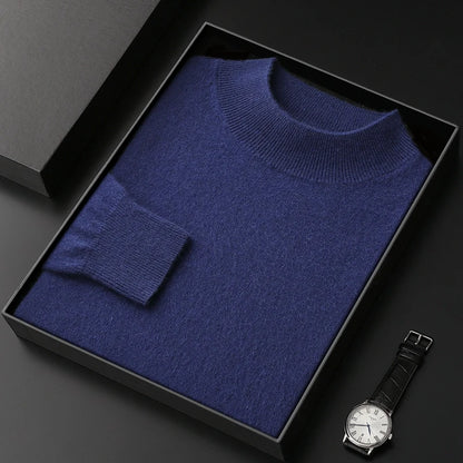 100% Pure Cashmere Sweater Men's Half High Collar Solid Color Pullover Fashion New Knit Undercoat  Autumn and Winter Long Sleeve